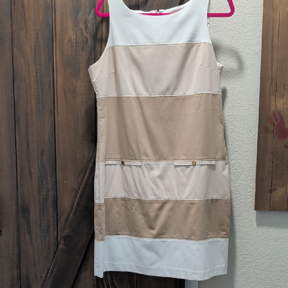 White House Black Market Sleeveless Striped Mini Dress in White and Beige